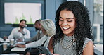 Smile, business and woman with phone in meeting for reading email, schedule update and financial planning. Accountant, mobile and laughing with funny joke, finance report and investment notification