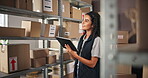 Woman, boxes and stock with tablet for distribution, order inspection or quality control for inventory. Distributor, check and digital list for ecommerce package, supply chain or logistics of courier