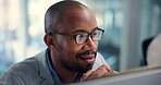 Reading, online and man with laptop, business and research for copywriting in marketing agency and website. Office, digital and black person with tech for article, review and planning for project