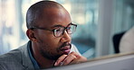 Research, online and man with computer, business and planning for copywriting in marketing agency and website. Office, digital and black person with tech for article, reading and review for project