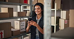Woman, boxes and texting with phone for distribution, order inspection or quality control for inventory. Distributor, message and digital list for ecommerce package, supply chain or courier logistics