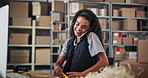 Phone call, warehouse and woman with notes for shipping, package distribution and supply chain order. Ecommerce business, delivery and person on smartphone for contact, talking and logistics reminder