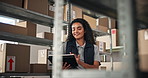 Woman, boxes and online order with tablet for distribution, web search or quality control for inventory. Distributor, below and digital list for ecommerce package, supply chain or courier logistics
