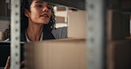 Woman, boxes and search with order for distribution, parcel inspection or quality control for cargo. Distributor, tablet and digital list for ecommerce package, supply chain or logistics of courier