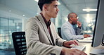 Typing, research and computer with business man in office for online, virtual advisor and policy update. Admin review, company guideline and planning with employee for client feedback and broker
