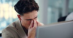 Fatigue, glasses and computer with business man in office for research glitch, stress and admin report. Debt manager, tired and eye strain with employee in agency for client feedback and broker