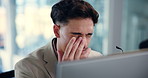 Tired, glasses and computer with business man in office for research glitch, stress and admin report. Debt manager, fatigue and eye strain with employee in agency for client feedback and broker