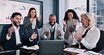 Excited, business people or celebration with applause on laptop for winning, promotion or success at office. Happy, group or employees clapping with high five on computer for good news or achievement