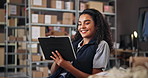 Tablet, logistics and woman in warehouse for distribution stock with cardboard boxes on shelf. Digital technology, packages and female delivery coordinator checking online order for ecommerce parcel.