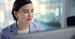Thinking, research and woman with computer, business and online for copywriting in marketing agency and website. Office, digital and person with tech for article, reading and planning for project