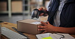 Scanner, label and person with box in warehouse for distribution stock, sticker and address. Hands, factory or logistics worker in small business for order, packaging process and ecommerce parcel