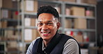 Happy, shipping and face of man with boxes for delivery, logistics and distribution in warehouse. Ecommerce, small business and portrait of person for supply chain, online shopping and inventory