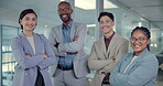 Face, teamwork and arms crossed with business people in office for solidarity, support and community. Diversity, collaboration and corporate advisor with employees in agency for growth and about us