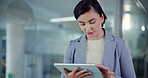 Office, businesswoman and research with tablet for web designer, software update and scroll online. Career, female person and ux developer with digital for seo tools, trends and solution for report
