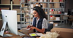 Box, label or woman on computer in warehouse for distribution stock, sticker or cargo. Technology, factory or logistics worker checking stock for delivery order, packaging process or ecommerce parcel
