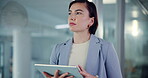 Businesswoman, web designer or thinking with tablet in office, problem solving or software update. Reflection, female person or ux developer with ideas for seo tools, trends or tech for page solution