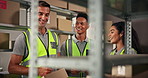 Meeting, shipping and people with scanner for boxes for delivery, logistics and distribution. Ecommerce team, business and men and woman for supply chain, package receipt info and online inventory