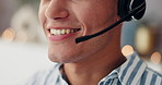 Happy person, agent and mouth with mic at call center for friendly advice, assistance or support at office. Closeup, consultant or advisor with smile or headset for online communication or helpdesk