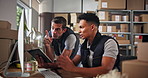 Teamwork, training and people on computer in factory for distribution stock, boxes or help. Coaching advice, delivery and logistics worker learning to check online order, packages or ecommerce parcel