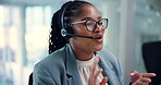 Call center, businesswoman and talking with mic in office, customer service or consultant for help. Telemarketing, female agent or crm support with headset for feedback, corporate or sales assistance