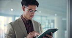 Business, serious and man with glasses, tablet or research for industry trends on website or online. Browsing, trader and person with tech for competition analysis, stock market or employee with info