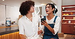 Talking, friends and laughing with smartphone in cafe for funny post, social media gossip or online joke. Gen z people, happy or phone in coffee shop for internet news, bonding together or connection