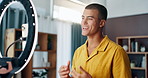 Happy man, influencer or video recording with ring light or phone for blog, introduction or online tutorial at home. Male person, vlogger or mobile smartphone with smile for social media app at house