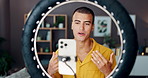 Happy man, influencer or live recording with ring light or phone for blog, advice or online tutorial at home. Male person, vlogger or talking with mobile smartphone for social media, vlog or tips