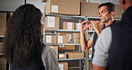Supply chain, distribution and business people in meeting for delivery, logistics and inventory for ecommerce. Courier, warehouse and employee and distributor talking for planning, shipping and stock