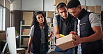 Notes, shipping and people with boxes on computer for delivery, logistics and distribution. Ecommerce, business and man and woman on pc for supply chain, package receipt number and online inventory