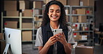 Phone, shipping and woman in office for logistics, supply chain notification or typing email. Mobile, warehouse or ecommerce worker online to scroll for distribution, smile or chat to business client