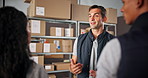 Supply chain, teamwork and business people in meeting for delivery, logistics and inventory for ecommerce. Courier, warehouse and employee for distributor talking for planning, shipping and stock