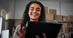 Tablet, shipping and woman with boxes online for delivery, logistics and distribution in factory. Ecommerce, business and person on digital tech for supply chain, package tracking and stock inventory