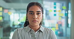 Face, serious and woman in office, administration or ambitious for internship in business or employee. Corporate, confident and person with opportunity for career growth, trainee or worker in company