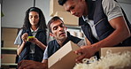 Label, shipping and people with boxes on computer for delivery, logistics and distribution info. Ecommerce, business and men and woman for supply chain, package receipt number and online inventory