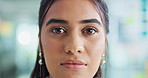 Serious, face and businesswoman in office with pride for creative career growth at magazine agency. Confident, portrait and female copywriter from Brazil with article project in startup workplace.