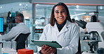 Face, science and tablet with happy woman in lab for development of cure, medicine or treatment. Biotechnology, innovation and investigation with smile of scientist in clinical trial for research