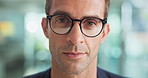 Glasses, happy and face of businessman in office with confidence for startup magazine agency. Closeup, professional and portrait of male creative editor from New York with pride for online article.