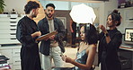 Phone, hair stylist or woman in studio backstage for production, photoshoot preparation or talk. Beauty, cosmetics or model on set with artist for haircare, creative or crew planning with hairdresser