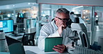 Man, microscope and scientist with tablet in lab for research, experiment results and treatment. Mature person, digital and biotechnology, bacteria growth and healthcare report with sample of vaccine