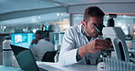 Laptop, microscope and science with man in laboratory for development of cure, medicine or treatment. Biotechnology, computer and innovation with scientist in clinical trial for breakthrough