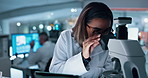 Woman, scientist and microscope on tablet of research, experiment results and virus treatment. Person, digital and biotechnology, bacteria growth and healthcare report for sample of vaccine discovery