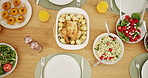 Meal, food and thanks giving dinner above with healthy nutrition for gathering at table. Top view, plate and serving with vegetables, chicken or cuisine for hospitality, vegan buffet or home dinning