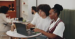 Cafe, business people and discussion with laptop for research, article information and teamwork. Coffee shop, man and woman as journalists with digital, blog website or conversation for press release