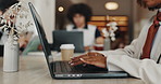 Laptop, typing and hands of person in office for copywriting, editing and journalism. Company, publishing agency and worker on computer for digital news review, online article and writing report