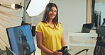 Photography, smile and face with woman in studio for production, creative director or editor. Photoshoot, branding campaign and backstage project with person on set for catalog and behind the scenes