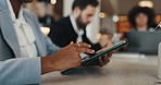 Hands, business people and woman with tablet, typing and internet with connection. Employees, coworking and person with tech, communication and digital app with network, social media and website info