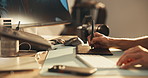 Hands, screen and graphic tablet for retouch, drawing or editing photography on computer keyboard. Creative art, photographer and man with pen closeup for design, typing or post production in studio