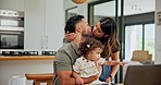 Love, woman and kiss family goodbye in morning for greeting, relationship or leaving for work. Home, affection or mom with baby to dad for bonding, security and connection with support, care or trust