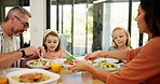 Family, eating or dishing with food for healthy lunch, salad or vegetarian diet at home. Mom, dad and children with plate for serving, vegan meal or thanks giving dinner with vegetables for nutrition